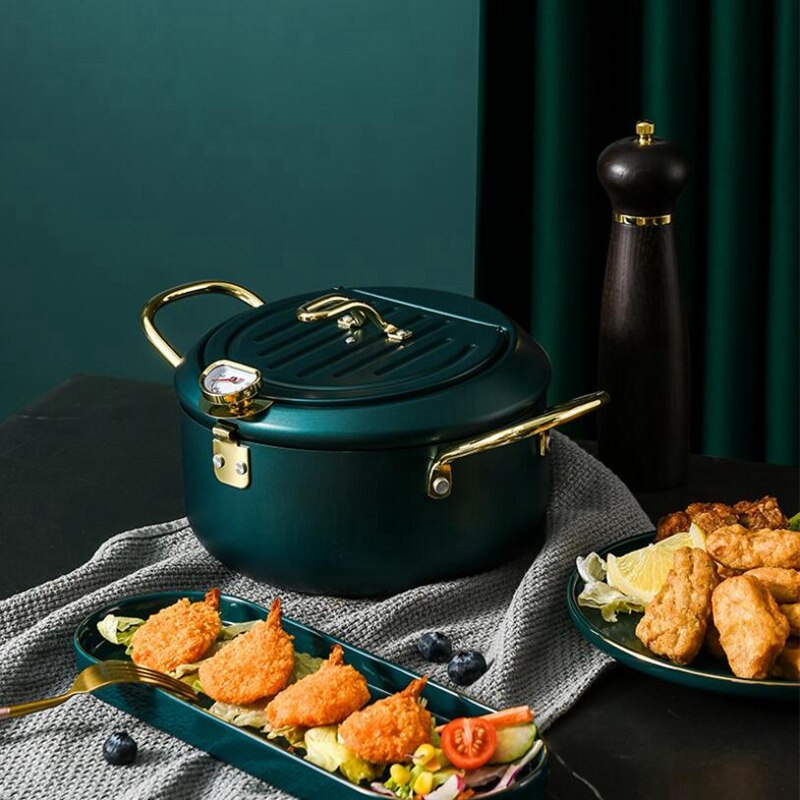 Kitchen Deep Frying Pot with Lid and Thermometer Non Stick Tempura Deep Fryer Stainless Steel French Fries Fryer Pan