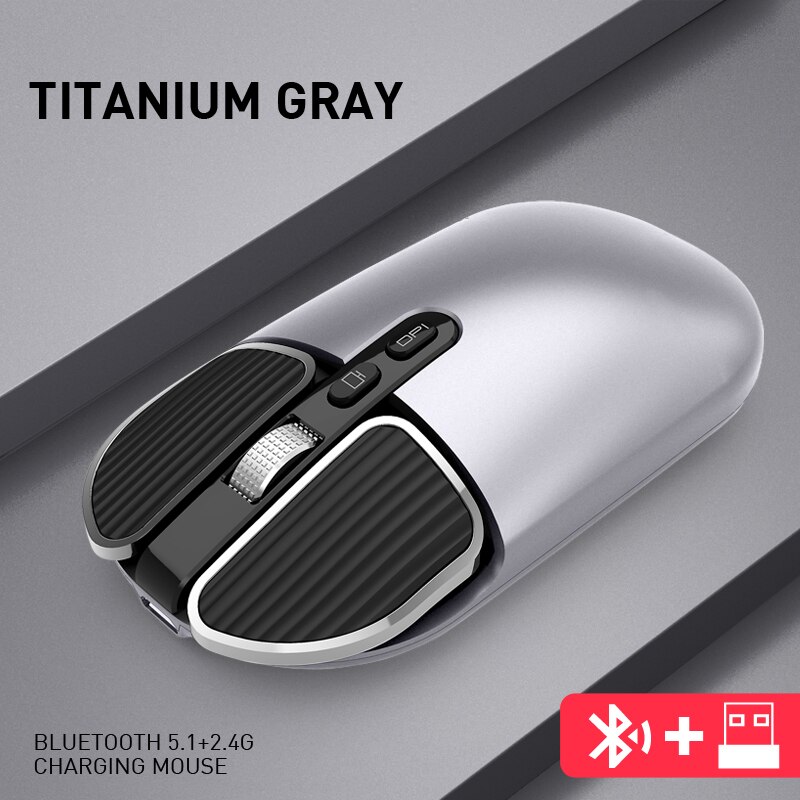 Rechargeable Dual Mode Mouse - Bluetooth 5.1 + 2.4G Wireless - Optical USB - 1600 DPI - Ergonomic for PC Mac iPad Android: Gray