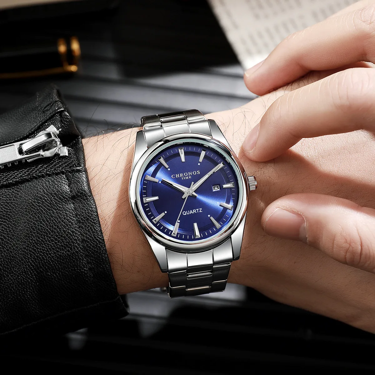 CHRONOS Luxe Quartz Horloge voor Mannen Waterdicht Datum Lichtgevende Horloge Roestvrij Staal heren Horloges Mannelijke Klok Sport Reloj: Coffee