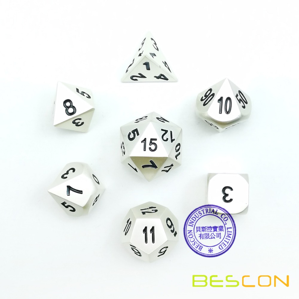Bescon rpg metal terningssæt  of 7 mat perle sølv effekt solidt metal polyhedral rpg rollespil terning 7 stk sæt