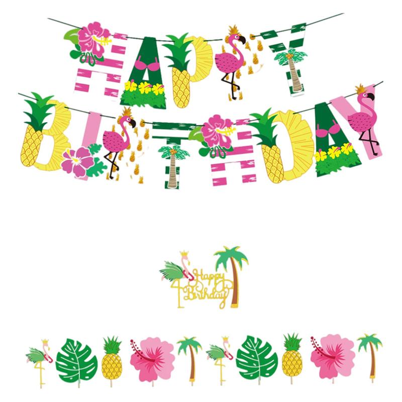 1 Set of Hawaii Aloha Happy Birthday Banner Flamingo Birthday Banner Cake Toppers Card Hawaiian Themed Party Decorated: Default Title