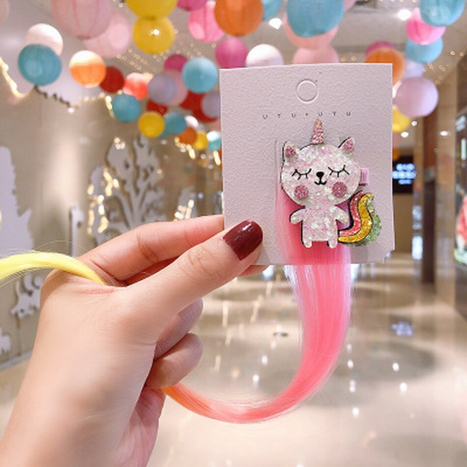 Kawaii licorne perruque ruban épingles à cheveux bebe filles mignon faux cheveux torsion meche a tresse décoration enfants bonbons barre pince à cheveux enfants bandeau accesoire: color 6