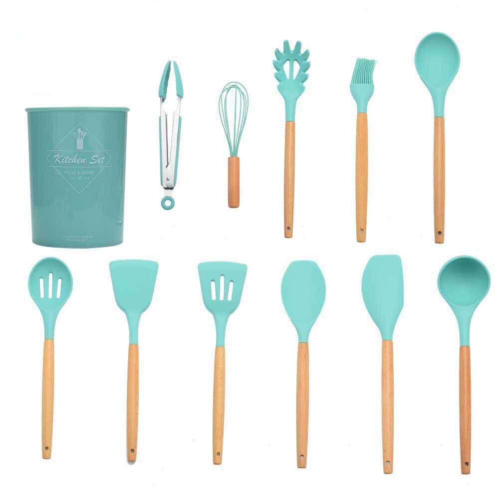 Silicone Cookware Set Kitchen Tools Non-stick Spatula Shovel Wooden Handle Cooking Utensils Kitchenware Accessories Egg Beaters