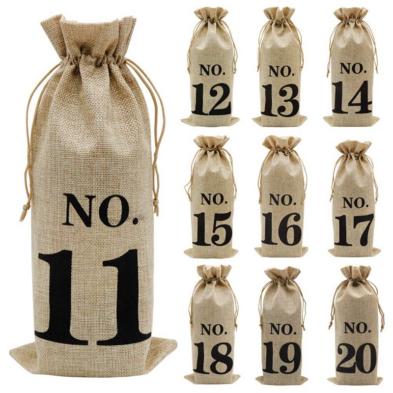 10Pcs Jute Wine Bags, Hessian Numbered Wine Bottle Bags with Drawstring for Blind Wine Tasting for Christmas Wedding Party