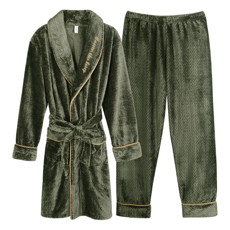 Dikke Warme Flanel Robe + Broek 2Pc Winter Fall Mannen Pyjama Pak Coral Fleece Kleed Set Volledige Mouw Nachtkleding mannen Pijamas Homewear