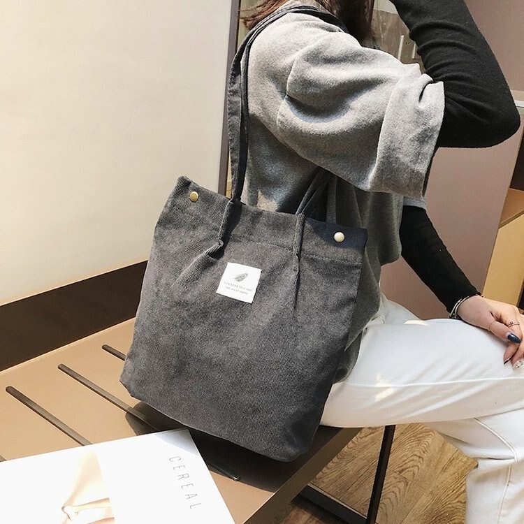 Kvinder corduroy shopping taske kvinders lærred håndtaske skulder magnetisk spænde skuldertaske massenger taske fløjl: Mørkegrå