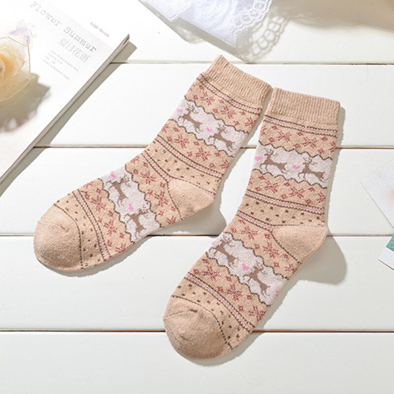Calcetines cálidos de lana con de alce y copo de nieve, para mujer, cómodo para niña, 1 par, T0750: Khaki