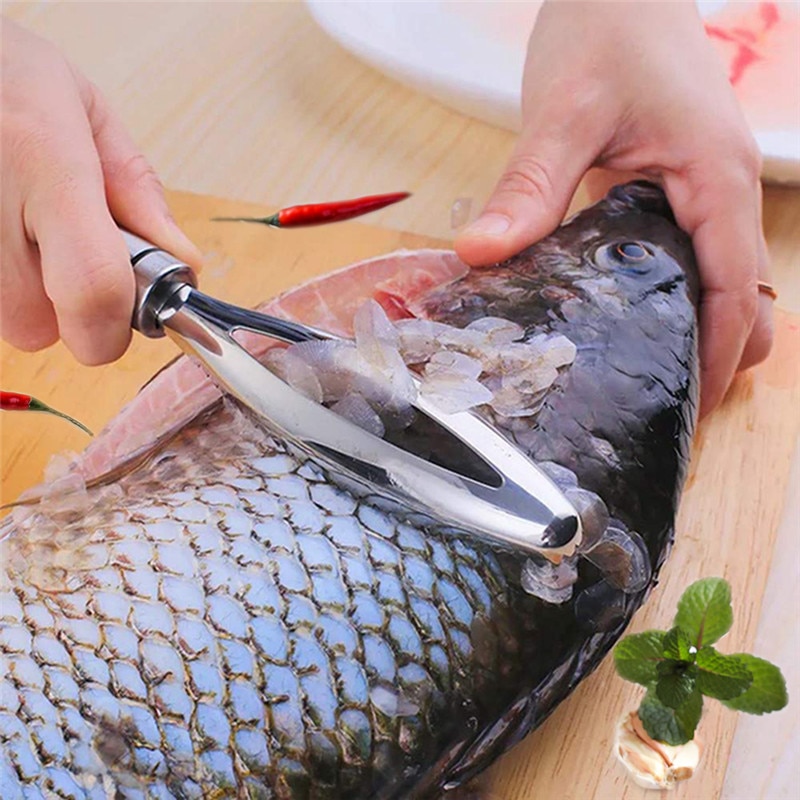 Rustfritt stål fiskeskjell høvling fiskeskjellfjerner fiskerens børste skreller husholdningskjøkkenkniv til å skalere fiskeskinnsbørste
