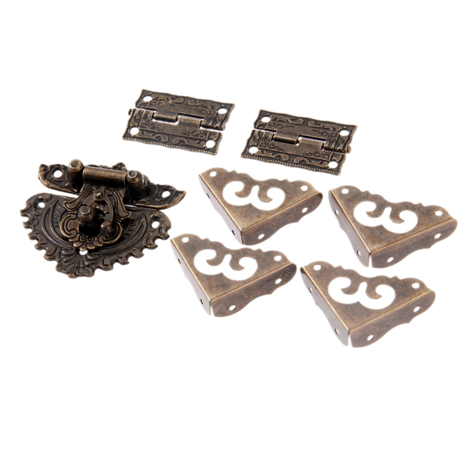 7pcs/set Latch Hasp Toggle Buckle+ Hinges+Corner Protectors Antique Bronze Retro Decor Furniture Hardware Jewelry Wooden Box