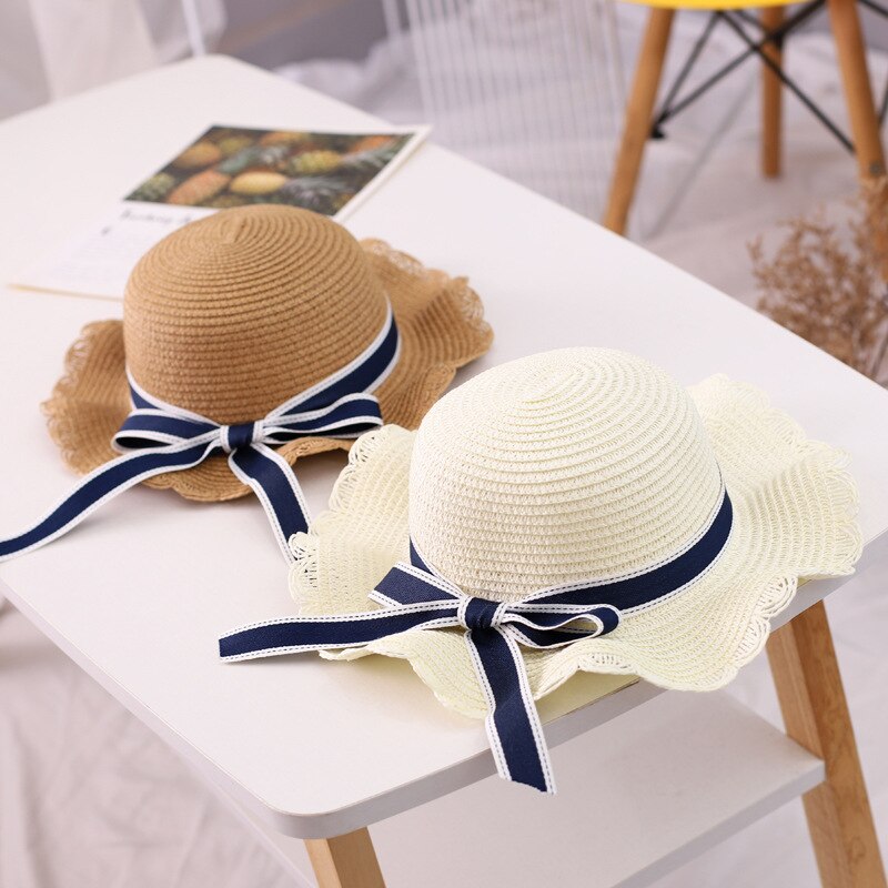 REYI001 summer kids girl casual straw hat Baby children Breathable Floppy large brim ribbon bowknot sun hat panama gorros