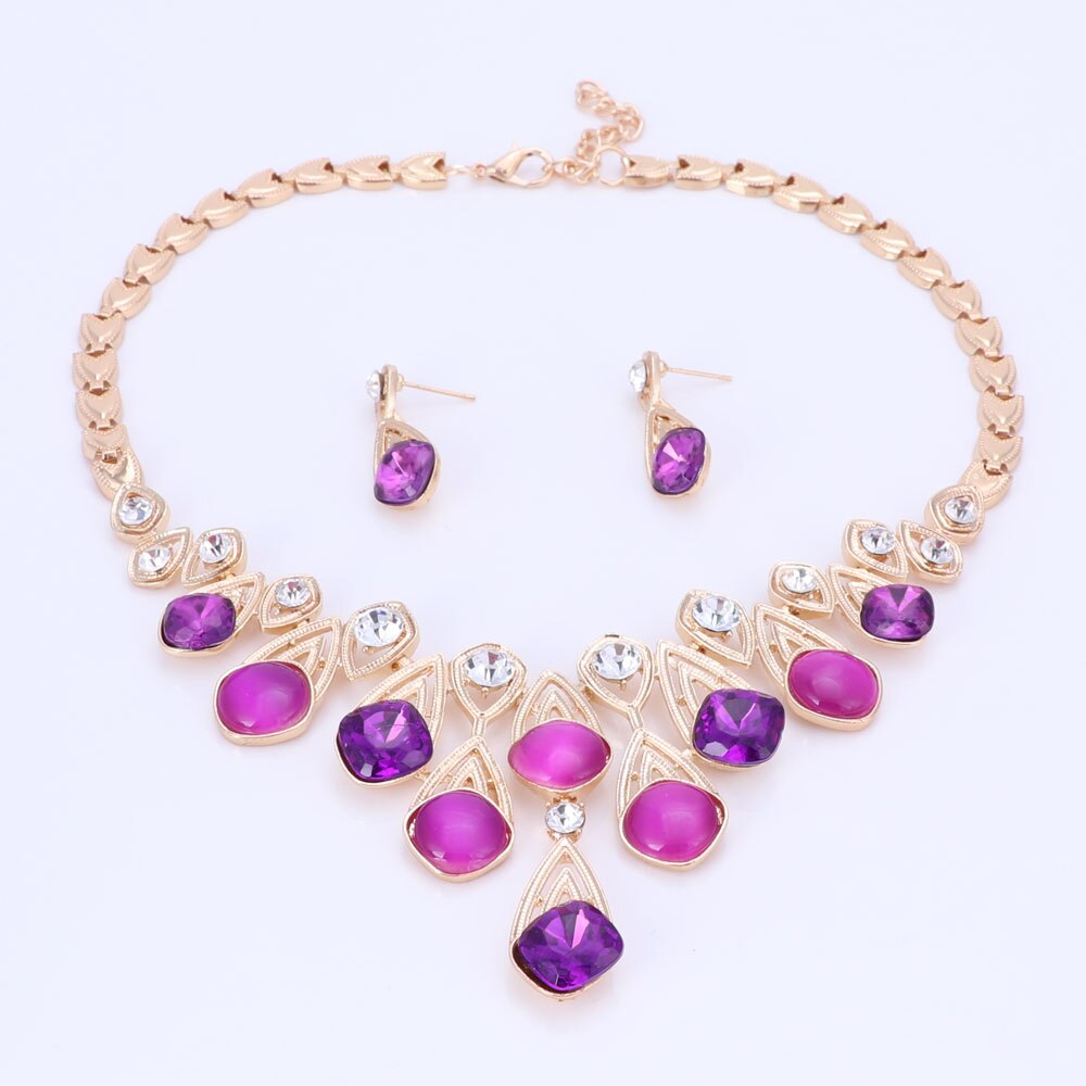 6 couleurs collier de pour femmes opale Noble collier et pendentif bijoux boucles d&#39;oreilles couleur or ensembles de bijoux: Purple