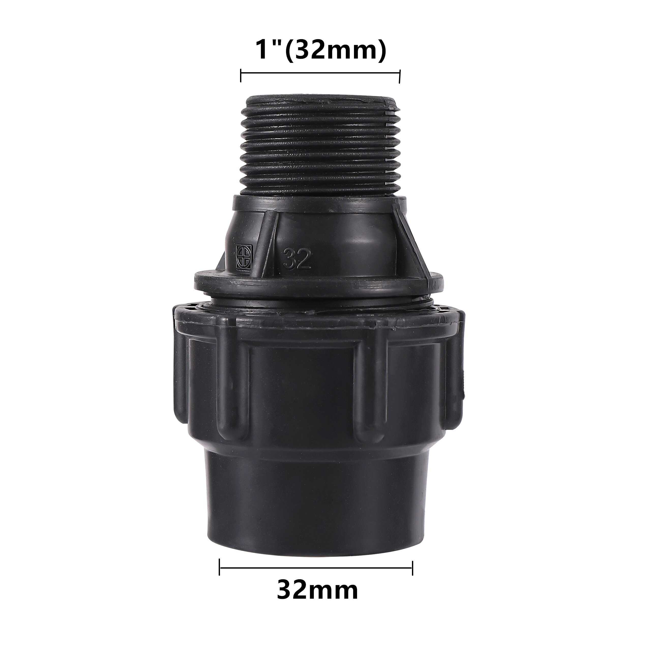Musta pe vesiputki suora alennusliitin 20/25/32/40/50mm pe pvc putkiliittimet 1/2 &quot; 3/4 &quot; 1 &quot; 1.2 &quot; 1.5 &quot; uroskierreadapteri: 1 tuuma  x 32