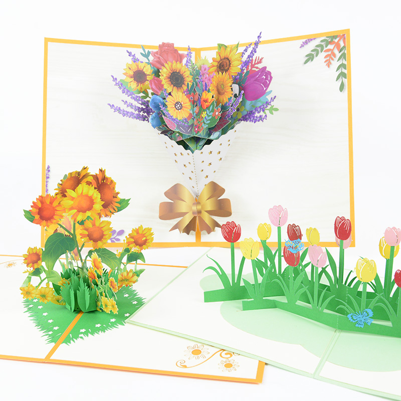 Flowers Bouquet Greeting Cards for Mom Girl Wife Husband 3d Birthday Cake Pop-Up Greeting Cards Postcards with Envelope