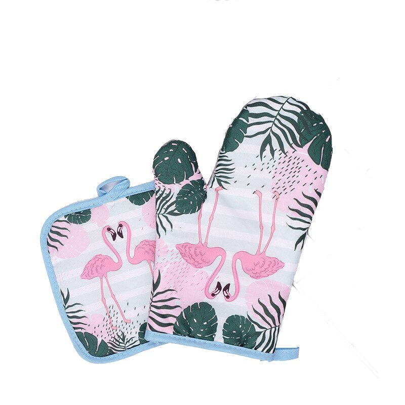 2PCS 1 Set Cotton Flamingo Kitchen Pad Cooking Microwave Baking BBQ Oven Potholders Oven Mitts Kitchen Gloves Mitts