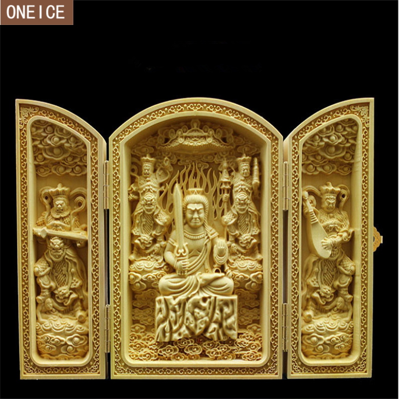 Kinesisk buddha statue skulptur rent træskærerarbejde 3 åbne folde buddha statue boligindretning tilbehør træ buddha håndværk