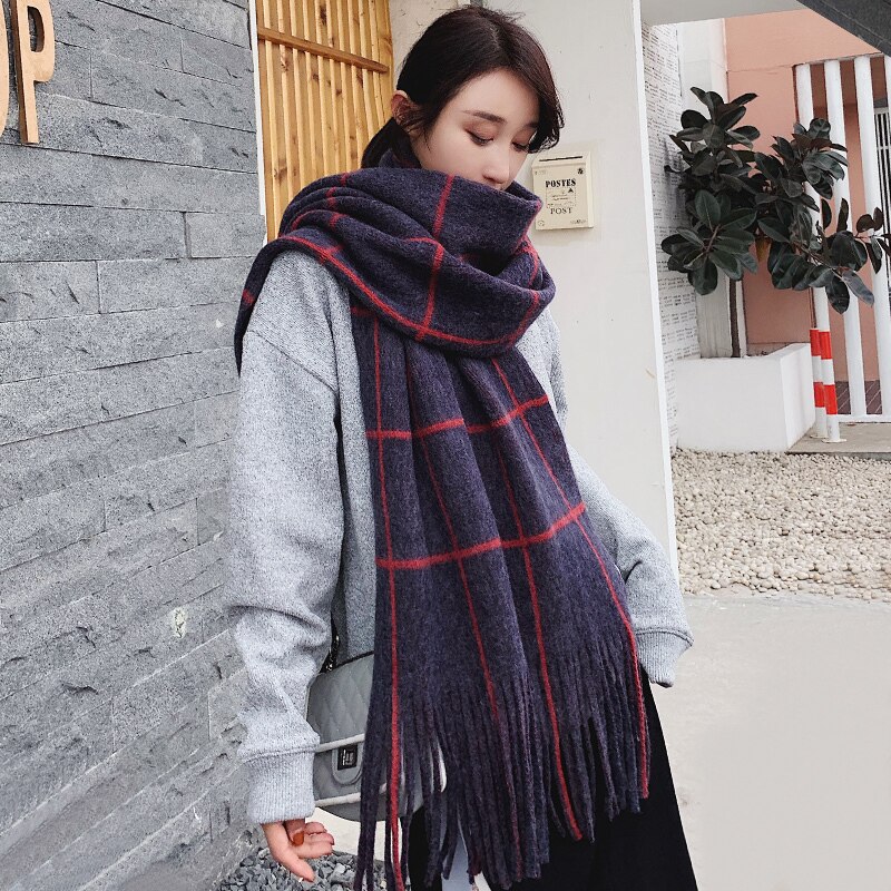 [EWQ] Winter Shawl Plaid Patchwork Thick Keep Warm Knitting Long Plaid Korea Scarf Woman Wool Spinning 19C-a17-02-0