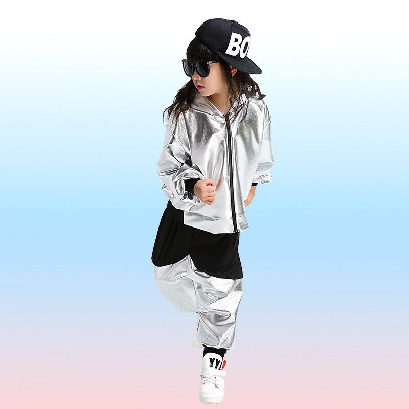 Kind Meisje Jongen Prestaties Goud Zilver Hip Hop Hiphop Jazz Moderne Ballroom Break Dance Pak Kostuum Hooded Tops Broek