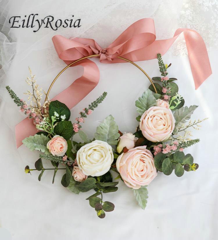 EillyRosia Pink and White Bride Bouquet French Roses Romantic Rustic Wedding Bouquet Decoration Bridesmaid Holding Flowers Hoop: Flower hoop