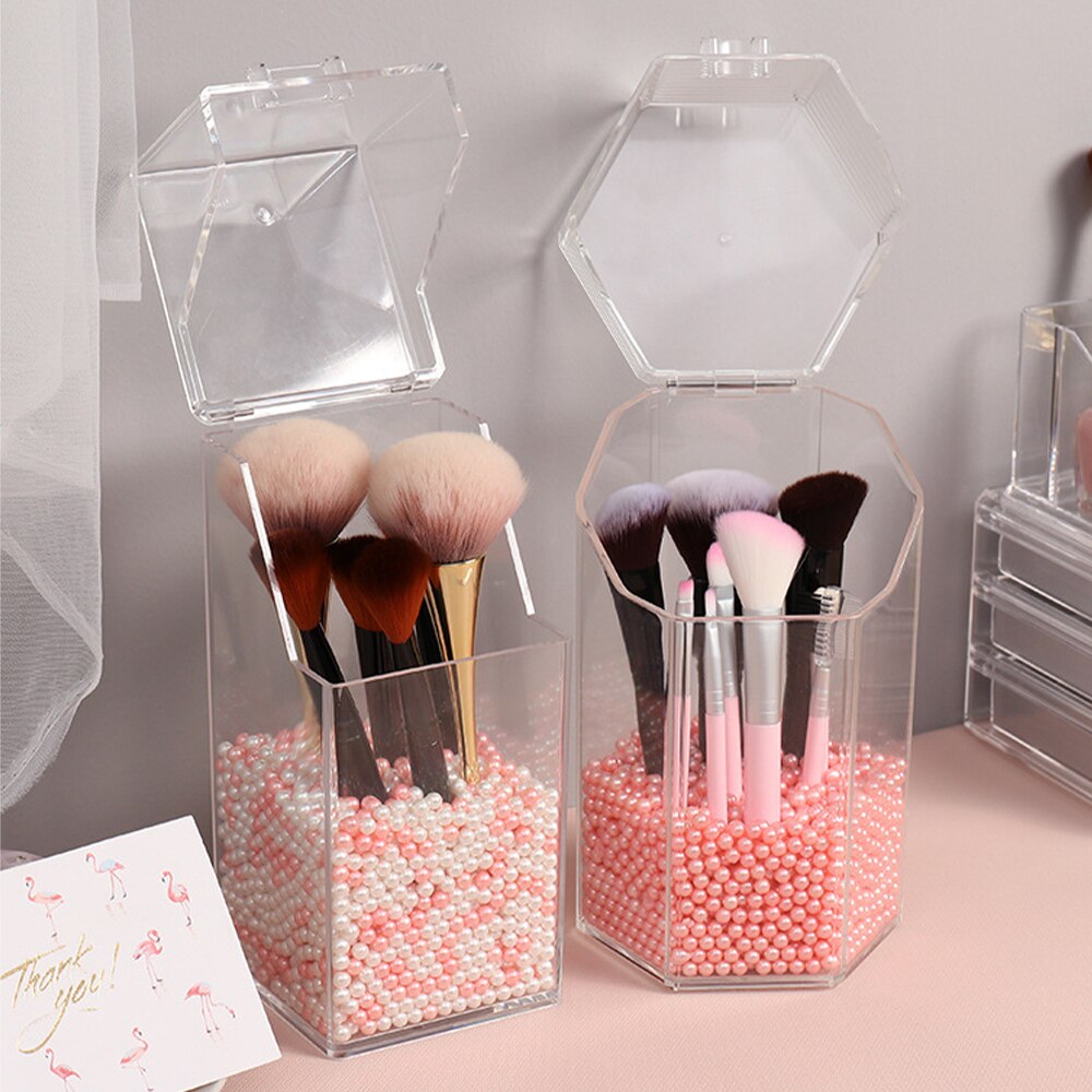 Caja acrílico transparente para guardar brochas de maquillaje, recipiente perlado de almacenamiento y organizador para cosméticos y para lápices de labios