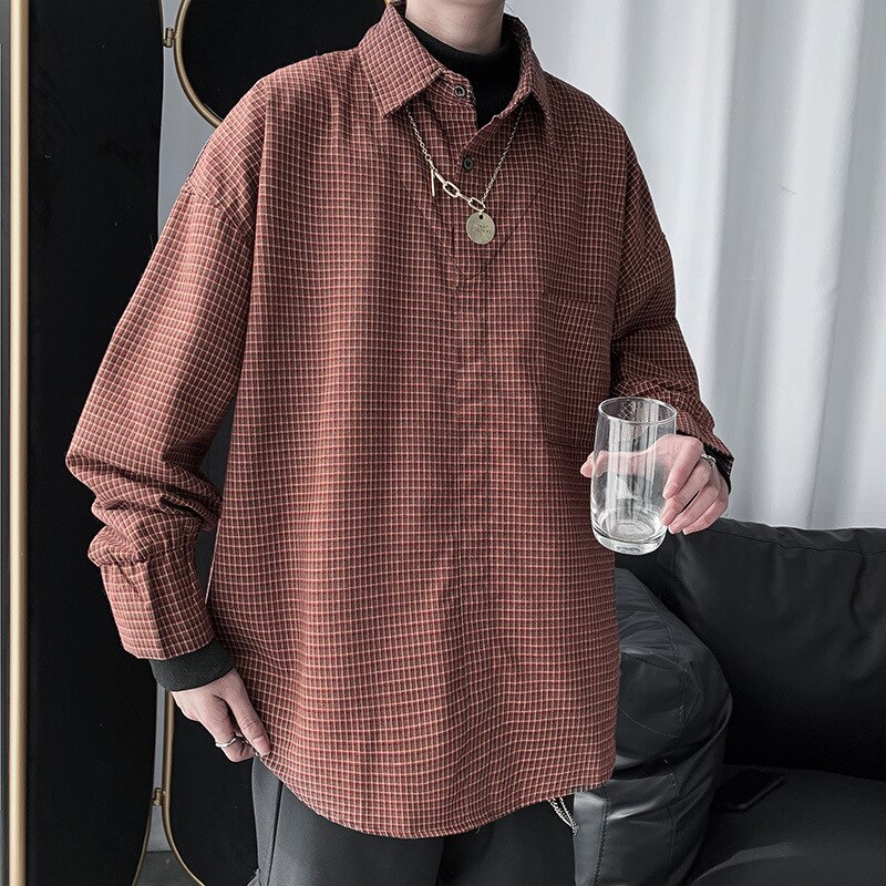 Camisas a cuadros informales de talla grande para hombre, ropa de Coreana de otoño con retazos, camisa rosa de manga larga para hombre, blusa para hombre: Marrón / L