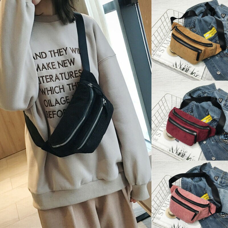 Women Waist Packs Fanny Pack Nylon Corduroy Belt Zipper Waist Bag Casual Chest Bum Bag