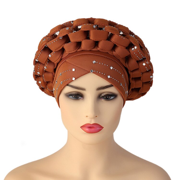Autogele – couvre-chef africain en gel Aso oké, Turban musulman, casquette nigériane de mariage, couvre-chef prêt à porter,: Marron