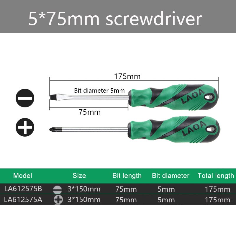 Laoa  s2 skruetrækkersæt med slids og stjerneskruetrækkere med magnetisk håndværktøj: 5 x 75mm 2 stk