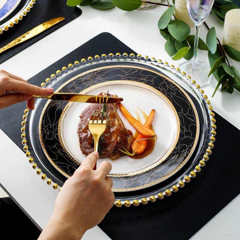 Nordic Blue Dinner Plate Set Bead Glass Charger Plate for Dinner Fancy Serving Plate for Wedding 10 inch beautiful Crockery