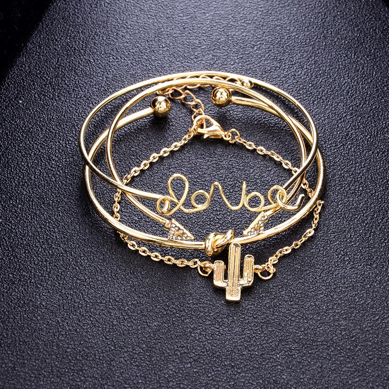 Modyle 4 stks/set Mode Brief Liefde Arrow Driehoek Knoop Cactus Chain Gold Bangle Set Lady Exquisite Verstelbare Sieraden Verjaardag