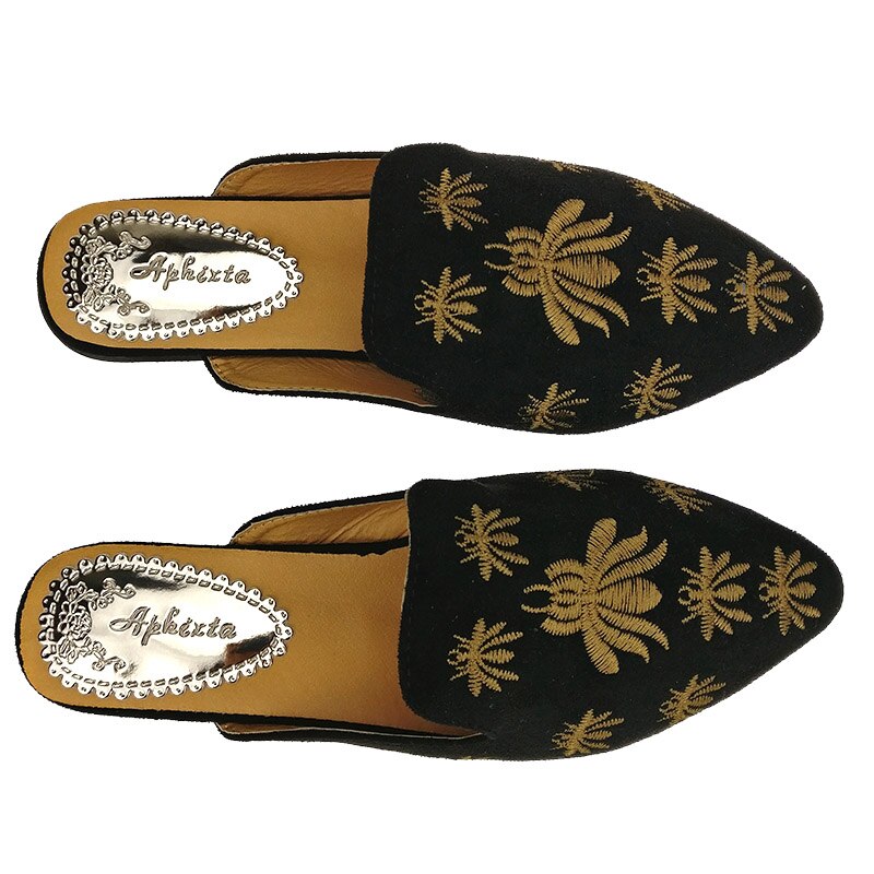 Aphixta femmes chaussures araignée pantoufles broderie peu profonde talon bas plat avec automne fleur Point orteil extérieur noir pantoufle: Black-Flower / 12