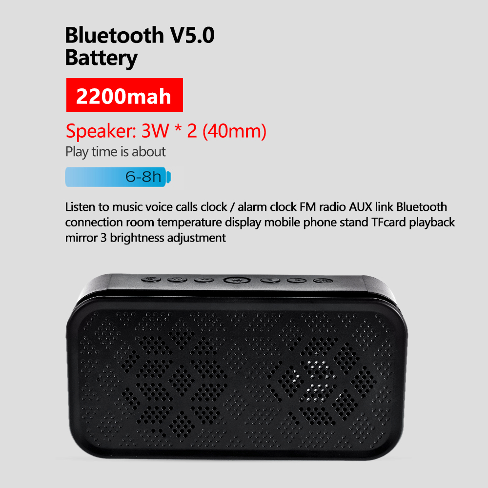 Draagbare Draadloze Bluetooth 5.0 Speaker Kolom Super Bass Stereo Subwoofer Ondersteuning Tf Aux Spiegel Wekker Fm Ontvanger Radio
