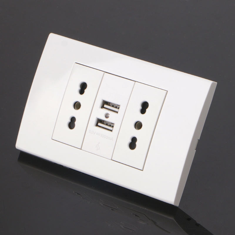 16A WallDouble Italian/Chile Plug Power Socket Adapter Dual USB Ports Panel 5V 1A