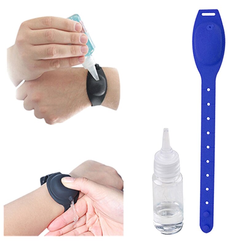 1Set Reusable Wristbands Hand Sanitizer Dispensing Portable Bracelet Liquid Wristband Hand Dispenser Wrist Support with A Bottle: Dark Blue