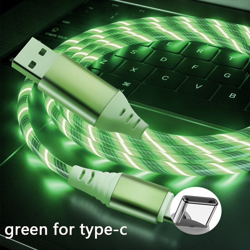 1m usb phone charging cable flowing light charging cord led wire for micro usb type c Illuminated Fast charger: GREEN  for type-c