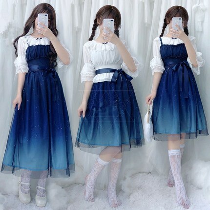 Jsk schattige lolita jurk kawaii meisje glinsterende bligbling sterrenhemel halterjurk sexy kant vreselijke kanten band blouse cos kostuum vrouwen