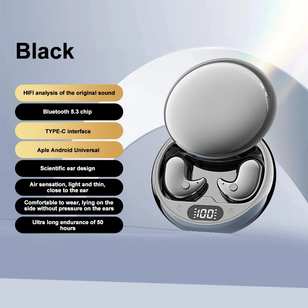 2025 Mini Diepe slaap Oordopjes Bluetooth 5.3 Waterdichte Oortelefoon Ruisonderdrukking Verborgen Sport Headset Onzichtbare Slaap Koptelefoon: Black