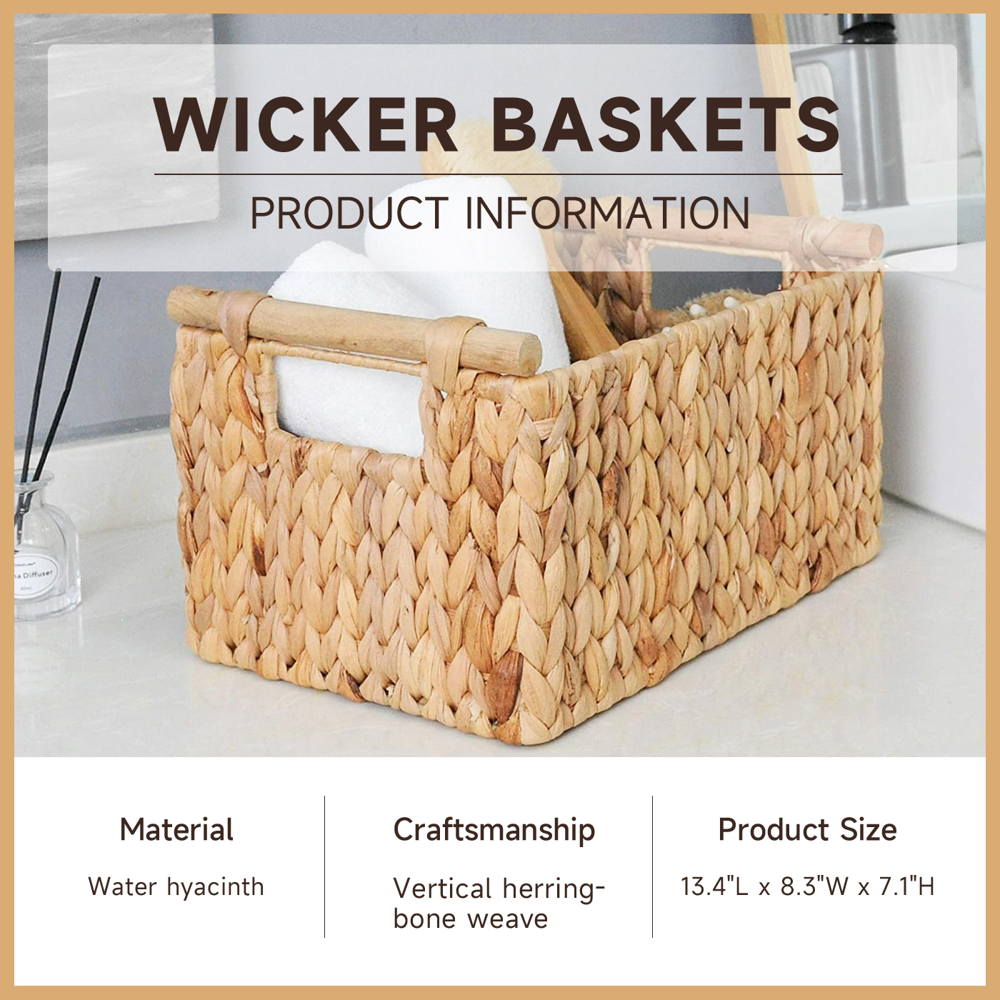 Bathroom Accessories Organizer Storage Baskets Water Hyacinth Cosmetic Makeup Wicker Wooden Handles Hand-Woven Kitchen Organizer