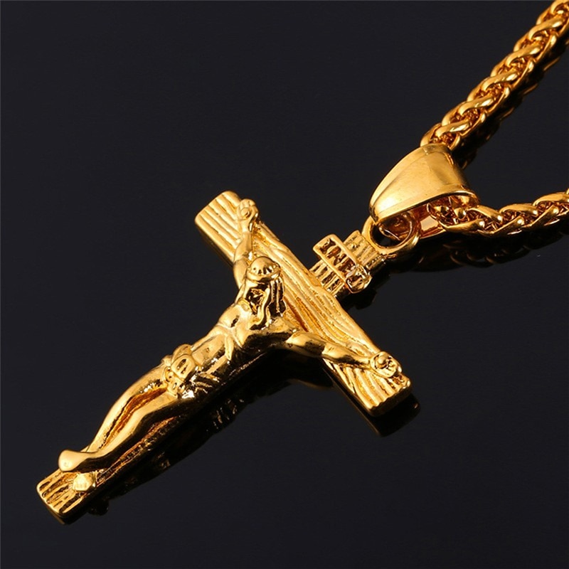 Men Chain Christian Jewelry Vintage Cross INRI Crucifix Jesus Piece Pendant & Necklace Gold Color Stainless Steel