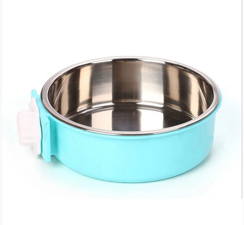 Verwijderbare roestvrijstalen hokbeker hangende voerbak voor huisdierenkooi grote watervoerbak voor honden katten konijnen: Blauwe roestvrijstalen kom / Ik
