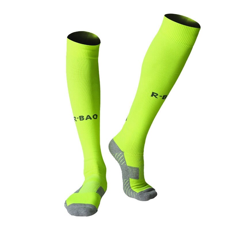 R-bao bomuld mænd 8 farver et par lange fodboldsokker skridsikker sport fodbold ankelben skinnebensbeskyttelse kompressionsbeskytter sokker: Fluorescerende grøn