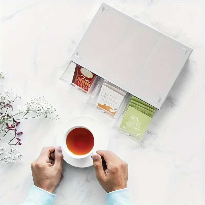 Boîte de rangement de sachets de thé à 1 tiroir, panier de rangement de cuisine, armoire de comptoir, boîte de rangement de café, thé, sucre, fournitures de stockage
