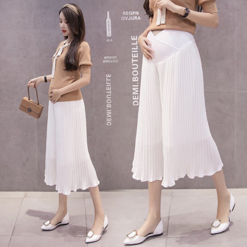 Sommer gravide kvinder bukser ensfarvet kryds lavtaljet patchwork chiffon plisserede bukser barsel brede ben capris: Hvid / Xl