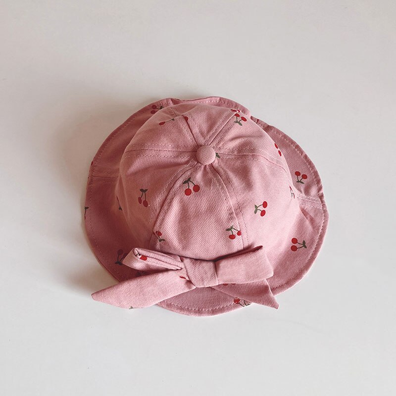 Gorro de pescador de algodón suave con estampado de frutas para niños y niñas, gorro de pescador con bonito lazo, para primavera y verano: Pink