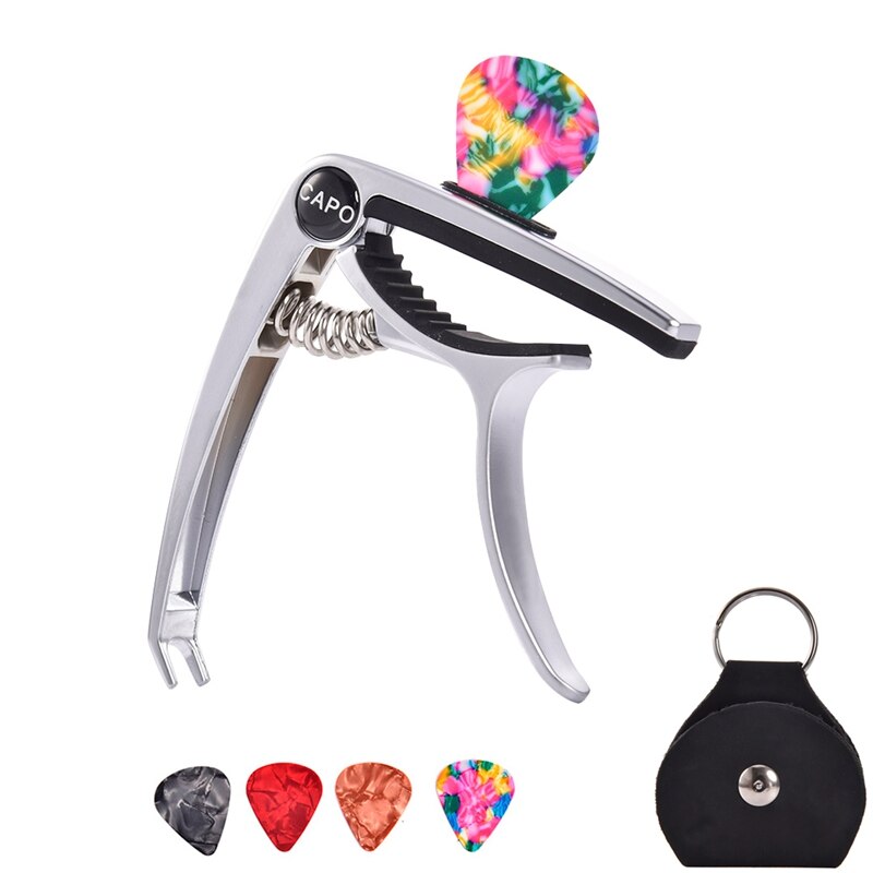 Gitaar Capo Voor 6/12 Akoestische En Elektrische Gitaren Bass Ukulele Mandoline Banjo Met Picks En Picks Houder: Silver