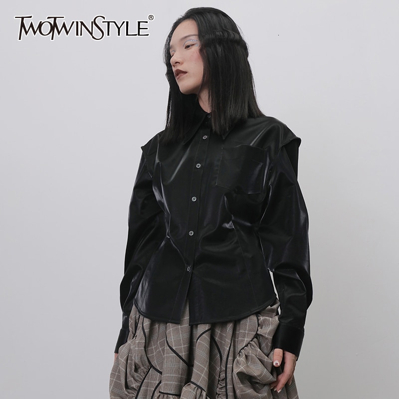 Chemises en cuir synthétique twotwinstyle pour femmes, col à revers, manches longues, slim, décontractées, vêtements pour femmes