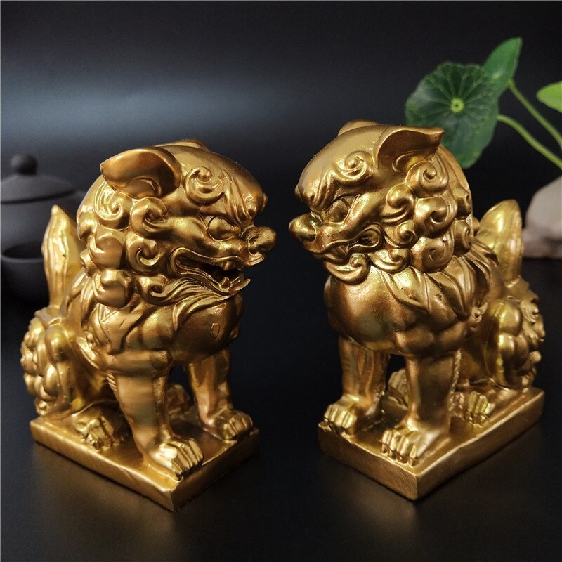 2 stk gylne kinesiske løver statue skulpturer dyr figurer feng shui ornamenter håndverk hage dekorasjon statuer for hjemmet