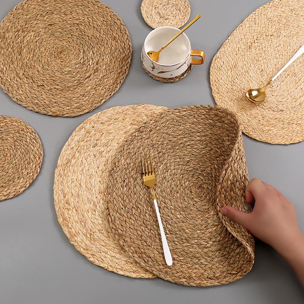 Handmade Woven Aquatic Plants Thread Jute Table Mat Non-Slip Dining Table Placemat Rattan Insulation Cup Coaster Home