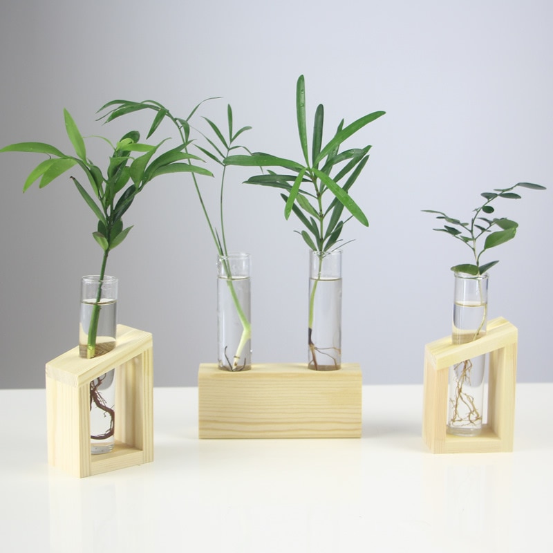 Florero de cristal para el hogar, florero de tubo de ensayo, soporte de madera, macetas de flores para plantas hidropónicas, decoración de jardín