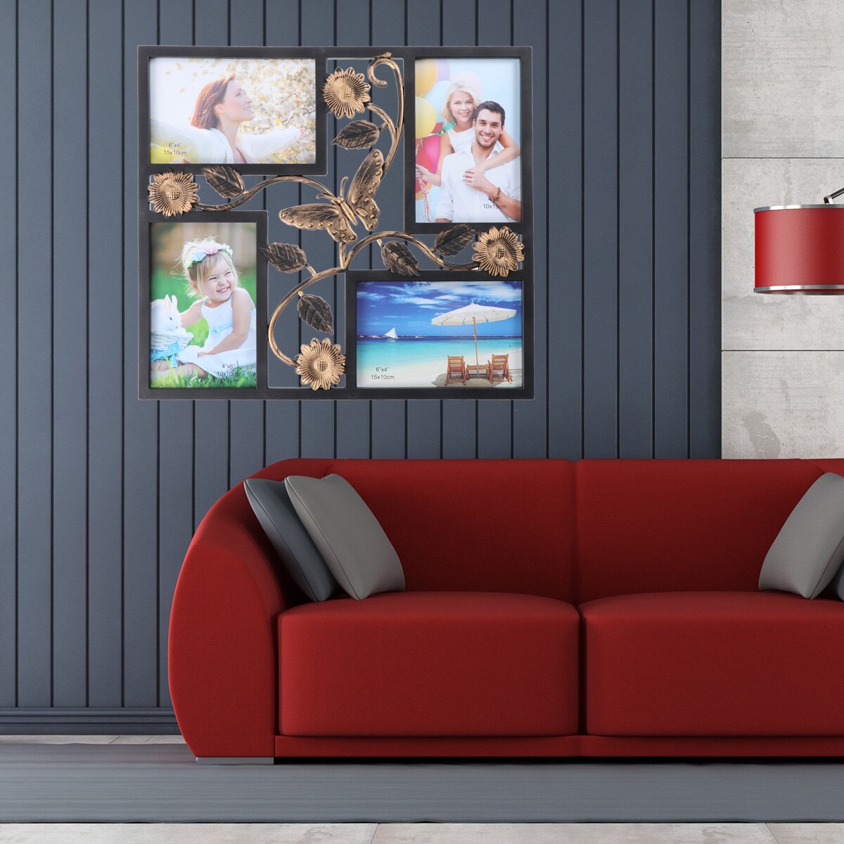 Marco decorativo con 4 orificios para colgar en la pared, foto para colgar en la pared, con flores y marco de fotos Vintage, color negro