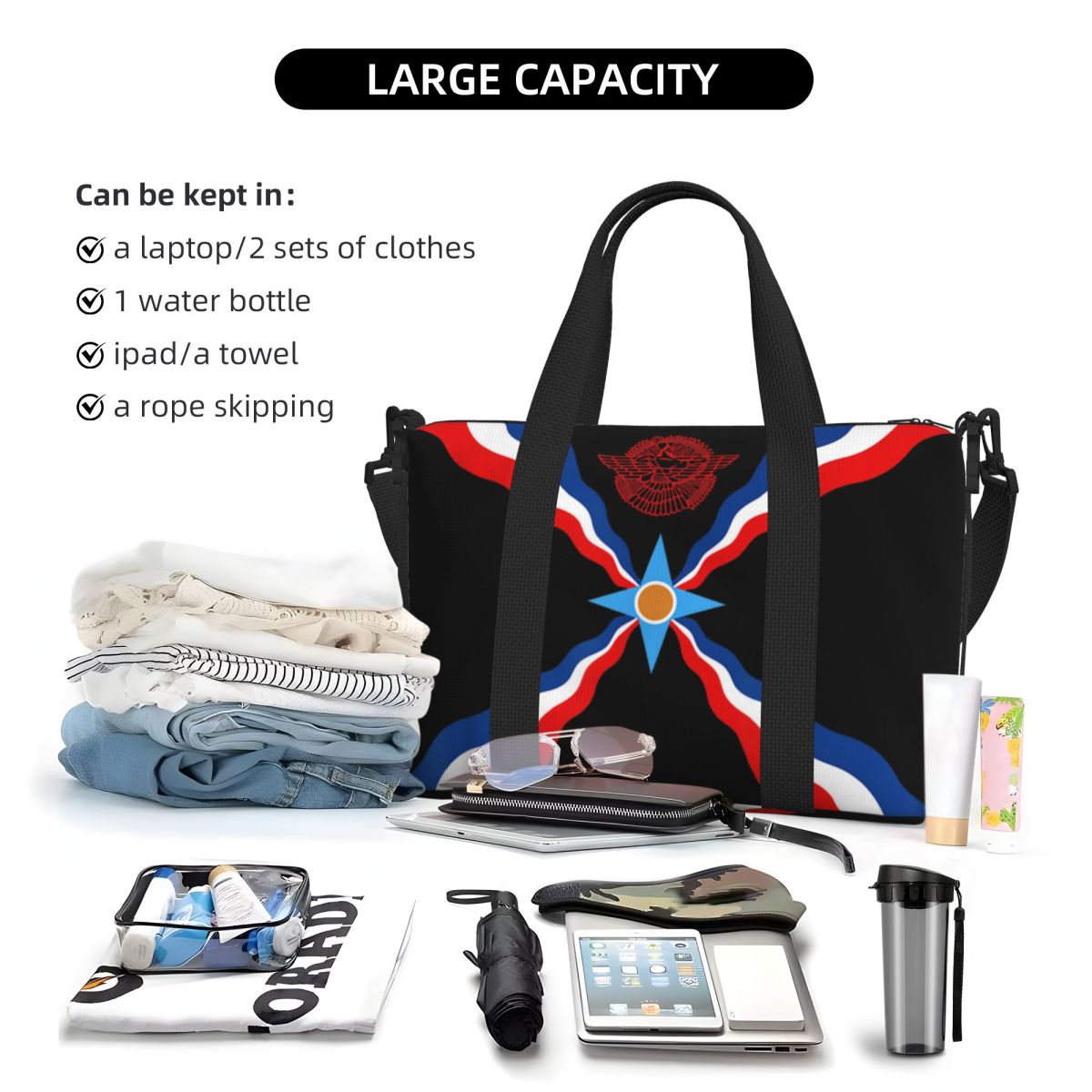 Custom Large Syriac Suryoyo Flag Logo Tote Bag for Women Aramean Assyria Shoulder Shopping Gym Beach Travel Bag